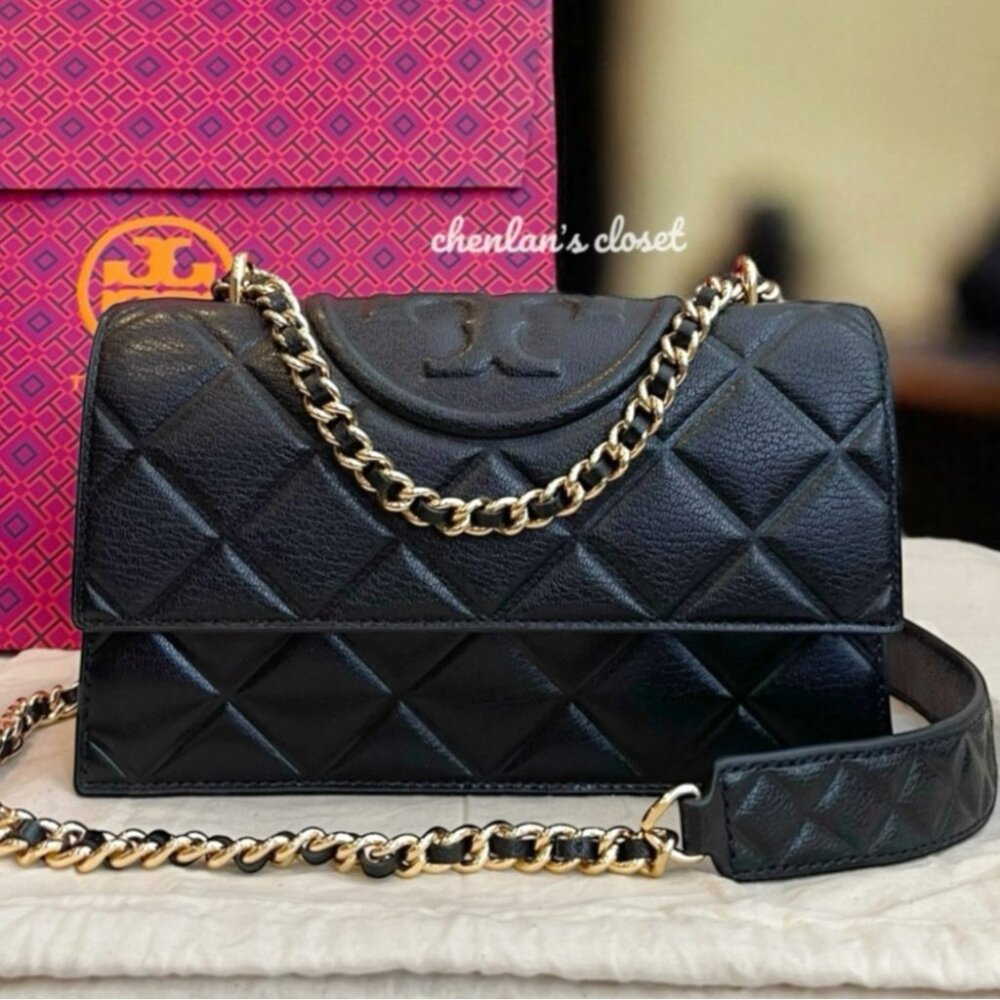 Tory Burch Fleming Black Leather Authentic Shoulder Bag With Gold Hardware